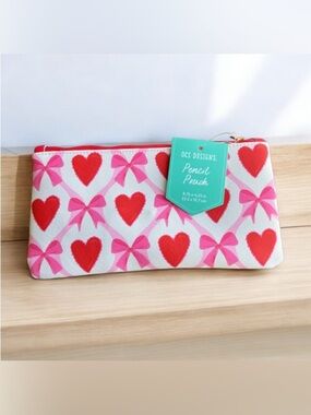 NEW OCS Designs Pink Red White Bow Hearts Women's Pencil Pouch Makeup Bag